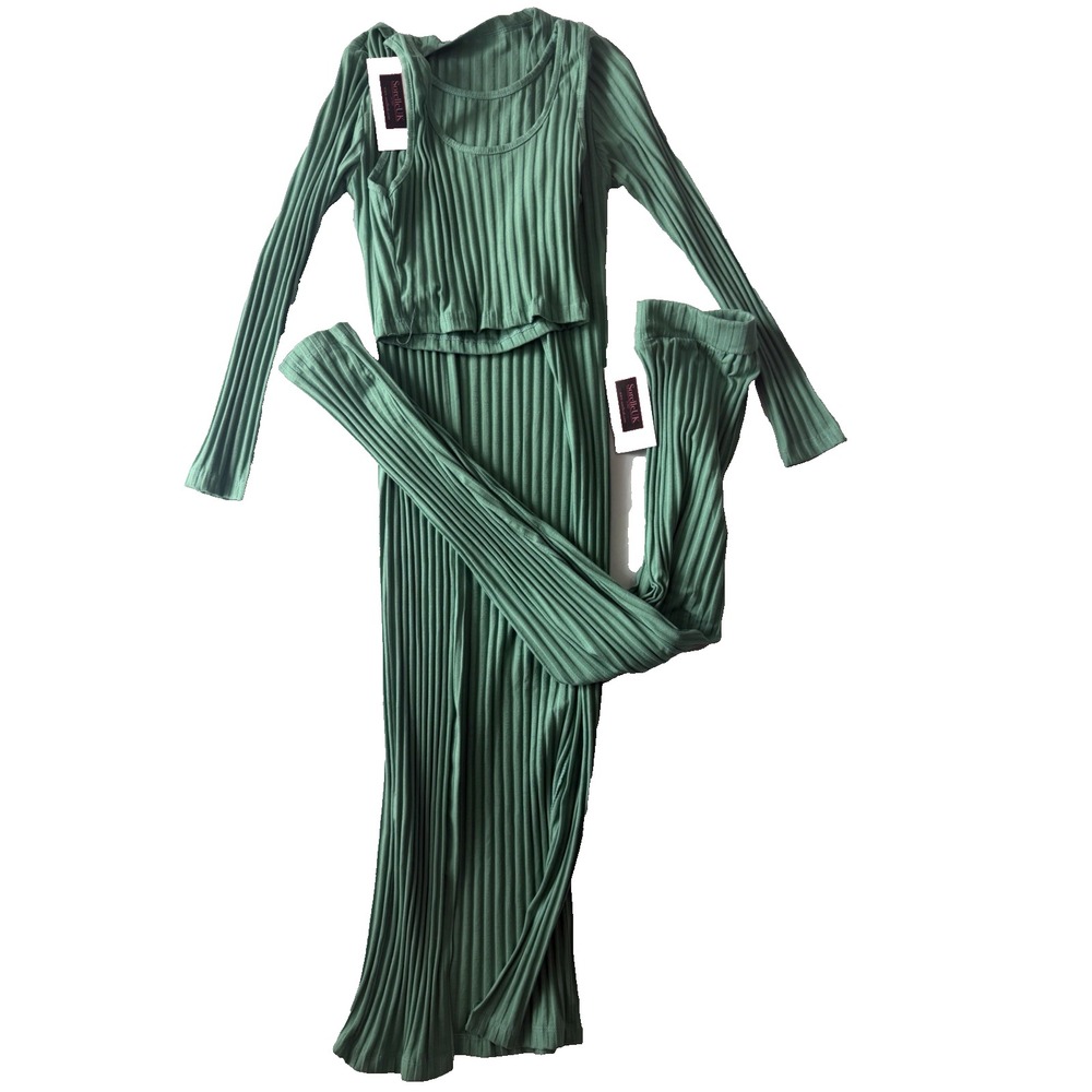 Sorelle UK 3 Piece Ribbed Set Green Crop Top Cardigan Pants Set S NWT